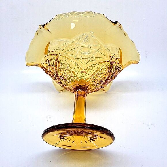 Imperial Glass Hobstar Amber Compote Pedestal Compote  Ruffled Bowl Candy Dish - Picture 5 of 7